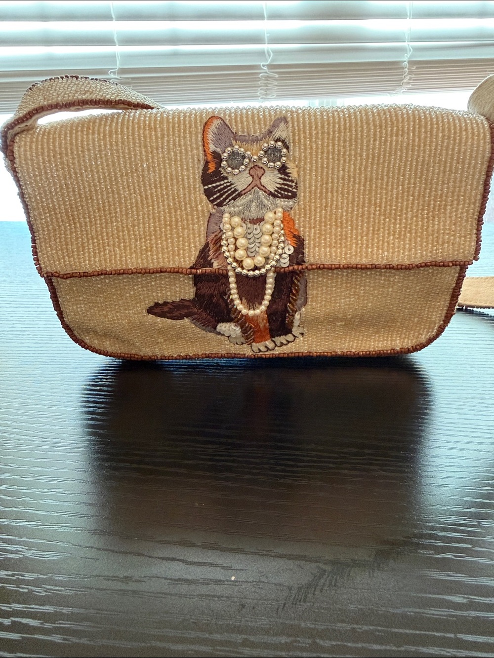 Anthropologie Beige Cat-Appliqué Shoulder Bag with Pearl Trim